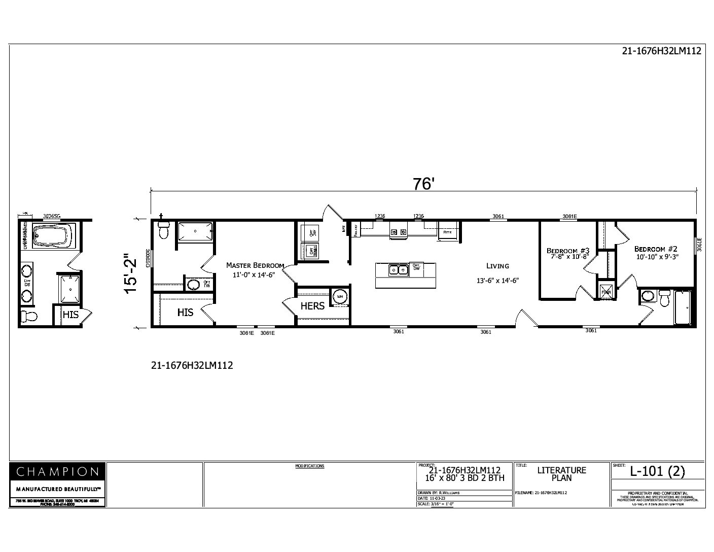 1676H32LM112 / 16 x 76 / 3 Bed 2 Bath (1,153 Sq Ft)